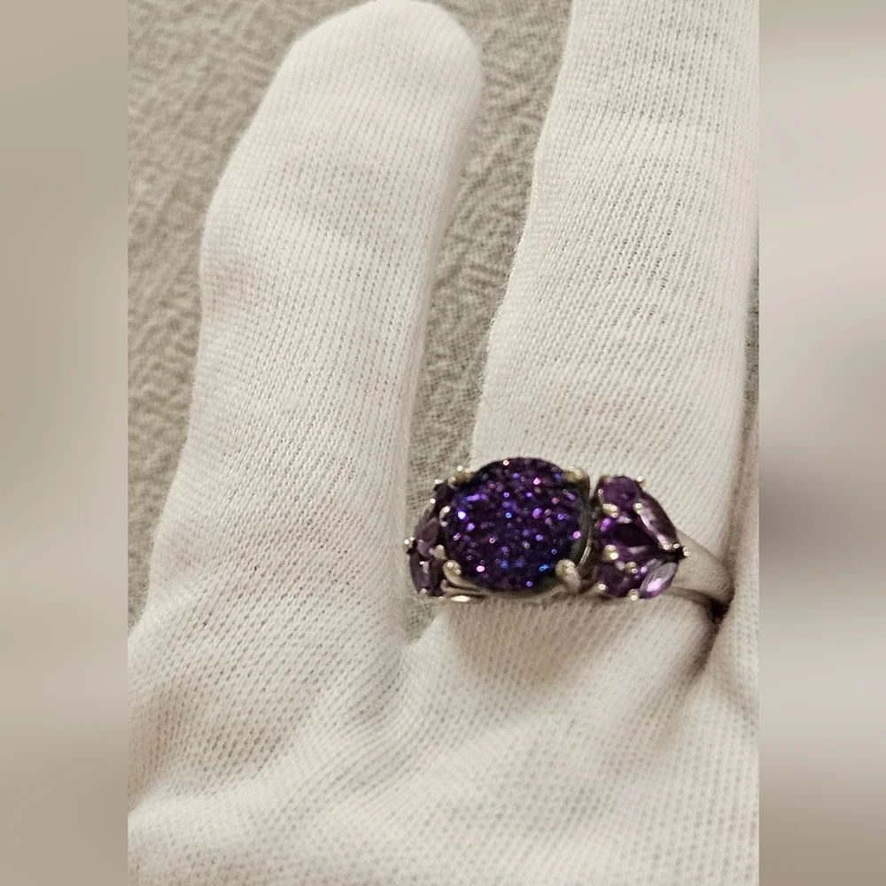 Purple Drusy African Amethyst Ring Platinum Over 925 Sterling Silver Sz 8
